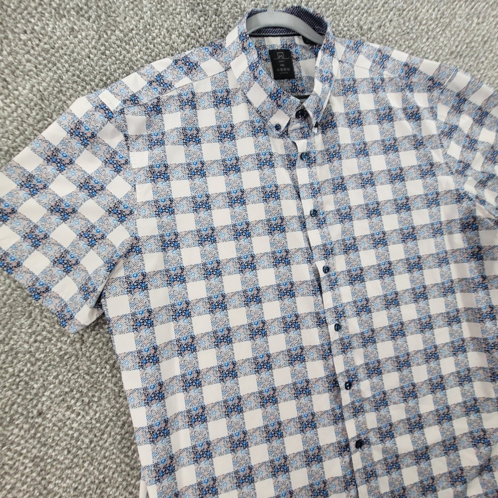Michael Strahan Mens‎ Floral Grid Button Down Shirt Blue Tan Short Sleeve XXL